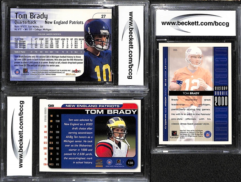 Lot of (3) BCCG 10 Graded Tom Brady Rookie Cards (Impact, Victory, Paramont)