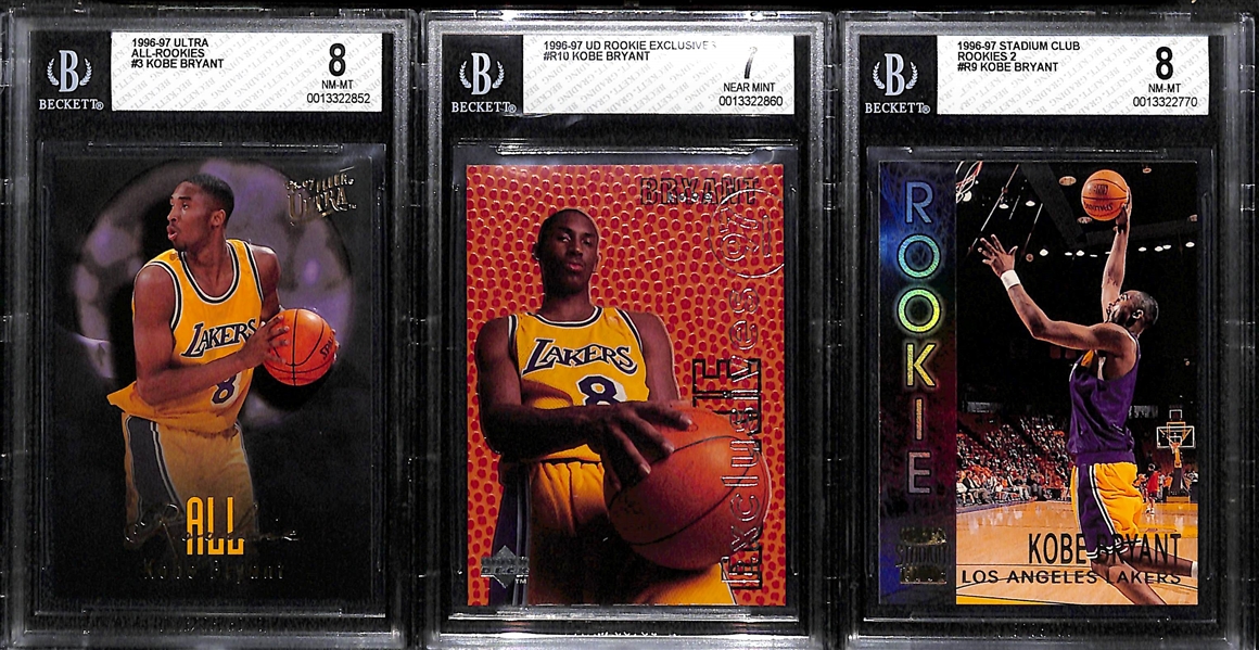 Lot of (3) 1996 Kobe Bryant BGS Graded Rookie Cards - Ultra All-Rookies, UD Exclusives, TSC Rookies