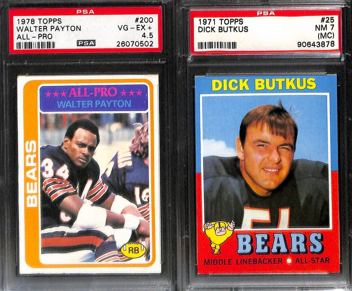 Lot of (8) Vintage 1960s-1970s Graded Chicago Bears Football Stars w. Payton, Sayers Rookie, Ditka, Butkus