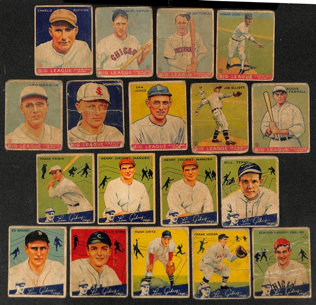 Lot of (9) 1933 & (9) 1934 Canadian Goudey Baseball Cards w. 1933 Charlie Ruffing