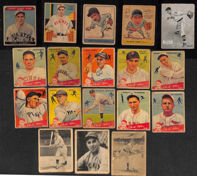Lot of (18) Baseball Cards from 1933-1939 w. 1933 Sport Kings Carl Hubbell