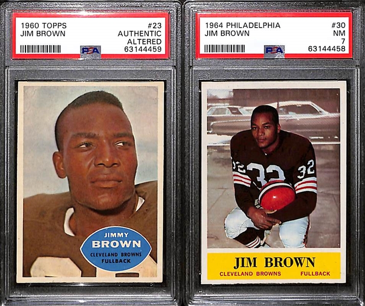 Jim Brown Graded Lot - 1964 Philadelphia #30 (PSA 7) & 1960 Topps #23 (PSA Authentic)