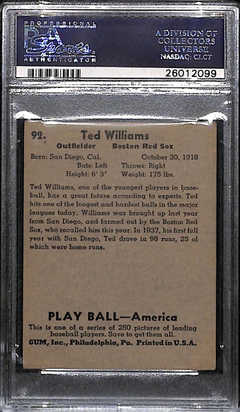1930 Play Ball Ted Williams # 92 Graded PSA 3 VG