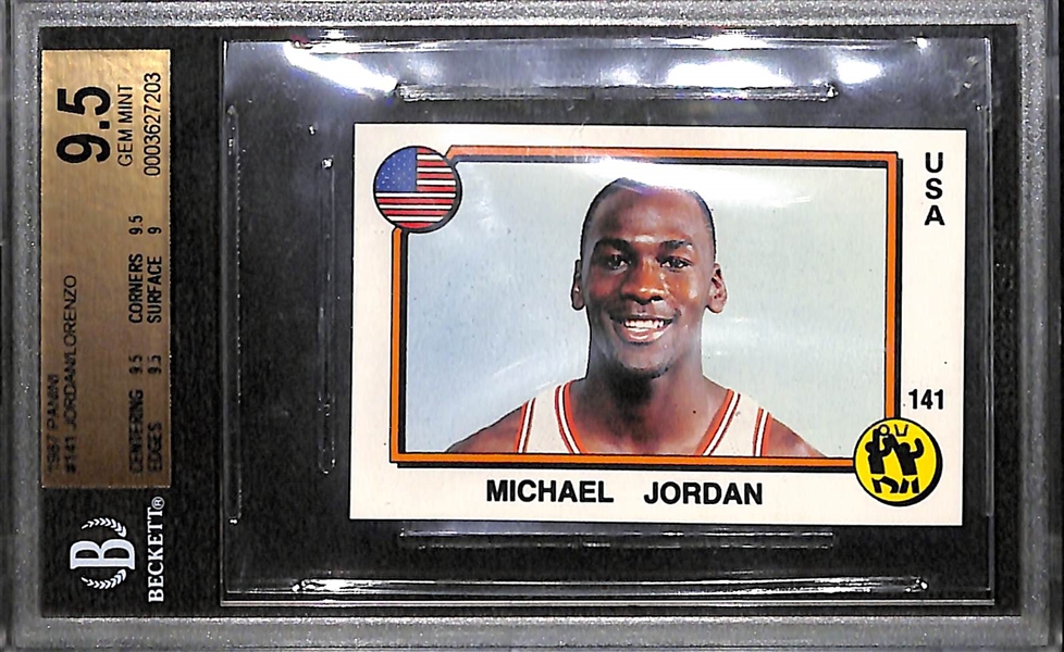 Rare - 1987 Panini Italian Michael Jordan #141 Sticker Graded BGS 9.5 Gem Mint! (Lorenzo on Back)