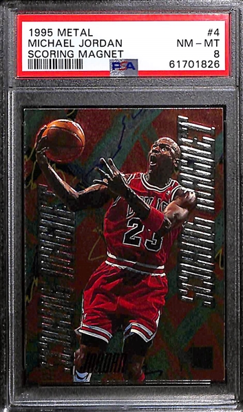 Lot of (4) 1990s Michael Jordan PSA Graded Cards w. 1995 Metal Scoring Magnet PSA 8