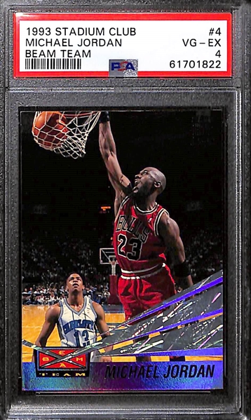 Lot of (4) 1990s Michael Jordan PSA Graded Cards w. 1995 Metal Scoring Magnet PSA 8