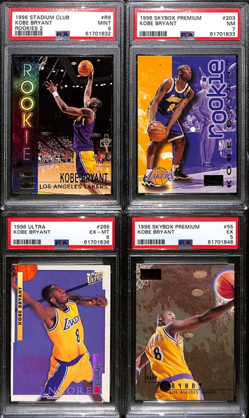 Lot of (4) 1996 Kobe Bryant PSA Graded Rookies w. 1996 Stadium Club Rookies 2 PSA 9