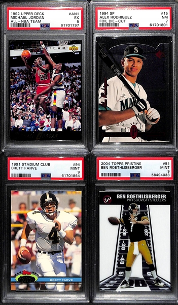 Lot of (4) 1990s PSA Graded Mixed Sports Star and Rookie Cards w. Michael Jordan, Alex Rodriguez, Favre, Roethlisberger
