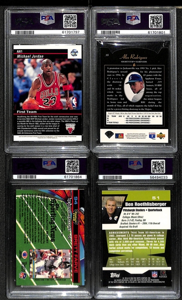 Lot of (4) 1990s PSA Graded Mixed Sports Star and Rookie Cards w. Michael Jordan, Alex Rodriguez, Favre, Roethlisberger
