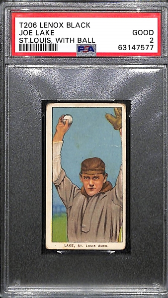 RARE BACK - 1909-11 T206 (Lenox Black Back) Joe Lake (St. Louis Browns - With Ball) Graded PSA 2