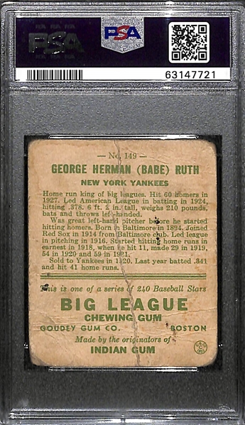 1933 Goudey Babe Ruth #149 Graded PSA 1