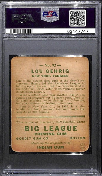 1933 Goudey Lou Gehrig #92 Graded PSA 1.5 (MK)