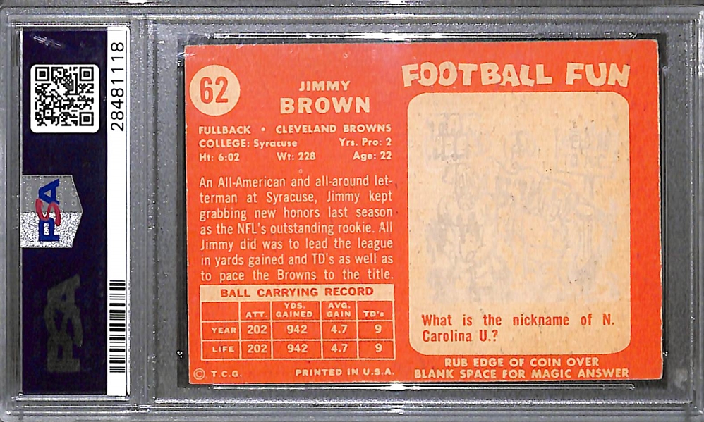 1958 Topps Jim Brown Rookie Card #62 Graded PSA 6 EX-MT