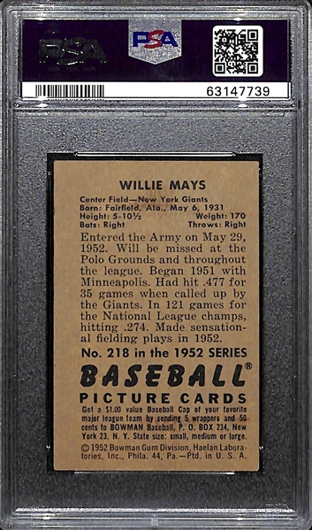 1952 Bowman Willie Mays #218 Graded PSA 4