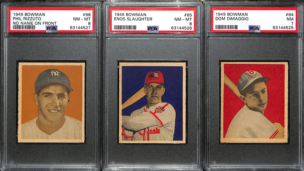 (3) High-Quality 1949 Bowman Cards - Phil Rizzuto PSA 8 (No Name on Front), Enos Slaughter PSA 8, Dom DiMaggio PSA 7