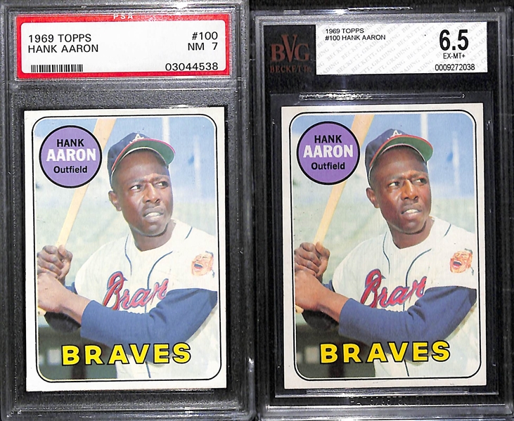 Lot of (2) 1969 Topps # 100 Hank Aaron Baseball Cards Graded BGS 6.5 and PSA 7 