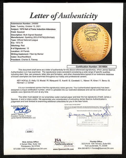 Official NL C. Feeney Baseball Signed By (15) w. L. Waner, Roush, Conlon, Musial, B. Herman, George L. Kelly, B. Leonard, Averill, Berra, Feller, Kiner, Covaleski, B. Terry (Full JSA LOA)