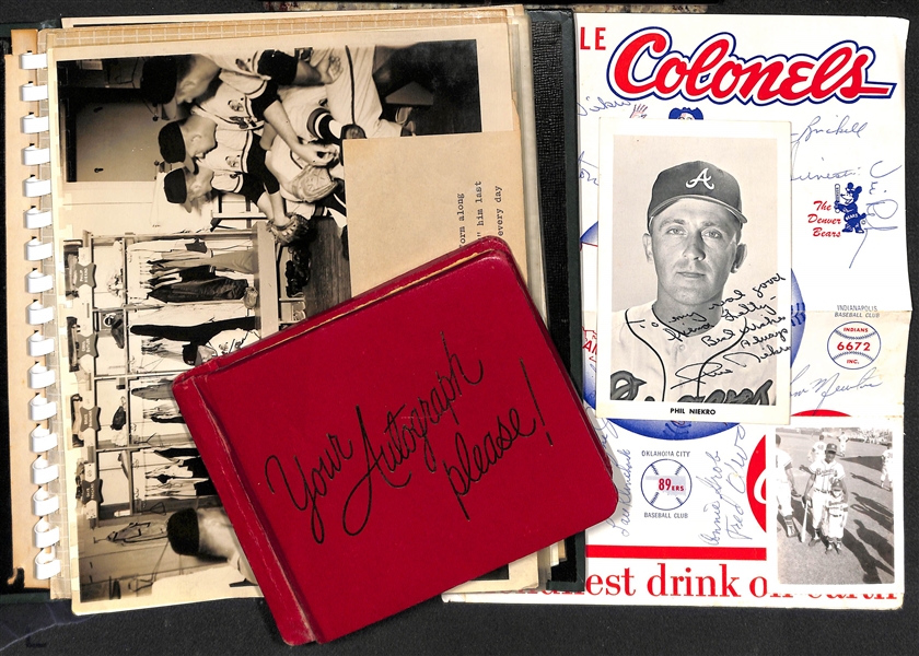 Lefty Miller's (Braves Bat Boy) Original Braves Autograph Album & 10 Wire Photos & 2x3 Photo of Miller w. Aaron (JSA Auction Letter)