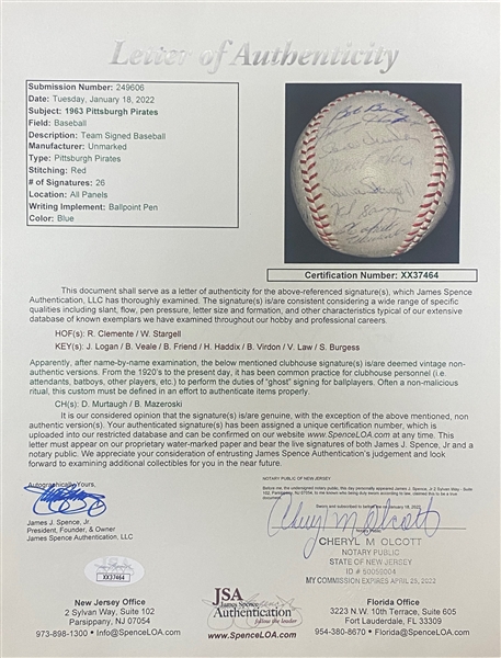 1963 Pirates Team Signed Baseball (26 Autographs w. Roberto Clemente & Willie Stargell) - Full JSA Letter of Authenticity (2 Clubhouse Signatures -Murtaugh & Mazeroski)