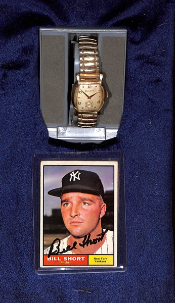 Bulova Watch Presented to Former Yankee Bill Short for His 1st Pro Shutout in 1956 (for the Monroe Sport in Class C Evangeline League) & Signed 1961 Topps Card