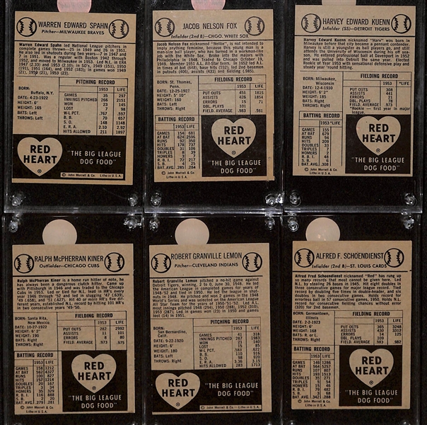 (6) 1954 Red Heart Cards w. Spahn, N. Fox, Schoendienst, Kiner, Kuehn, Lemon