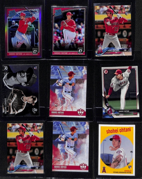 Lot of (9) 2018 Shohei Ohtani Rookie Cards w. Donruss Optic Prizm Rated Rookie #56