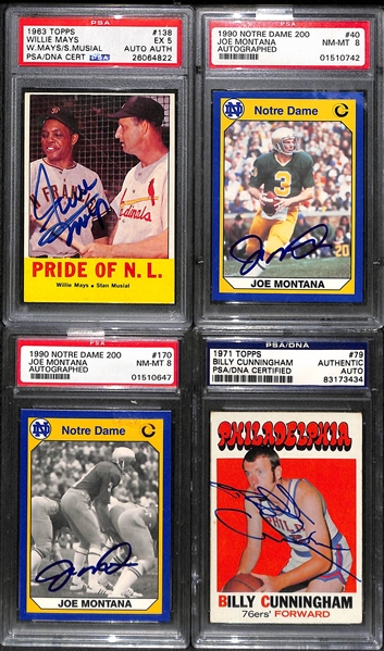 Lot of (4) Mixed Sports PSA Hall Of Fame Autographed Cards w. Willie Mays and Joe Montana