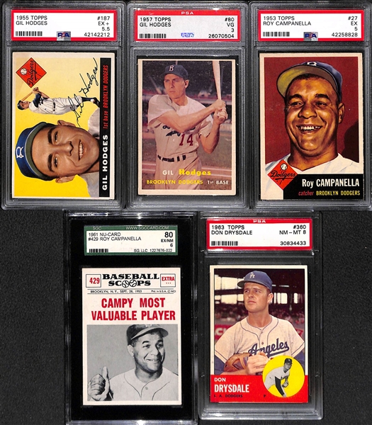 Lot of (5) 1950s and 60s Graded Baseball HOFer Cards w. Drysdale, Campanella, and Hodges