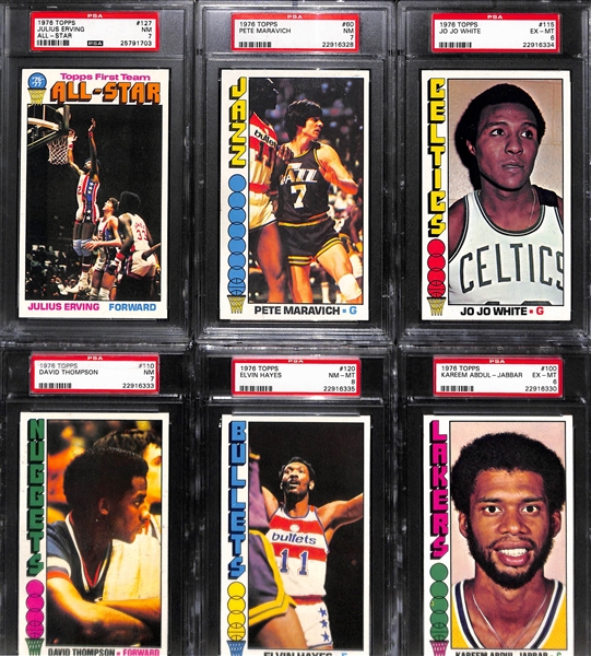 Lot of (15) 1976 Topps Basketball Cards w. (6) PSA Graded Featuring Erving, Jabbar, Maravich