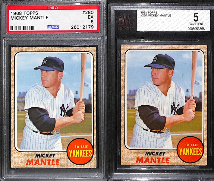 Lot of (2) 1968 Topps #280 Mickey Mantle Graded Baseball Cards (PSA 5 and BGS 5)