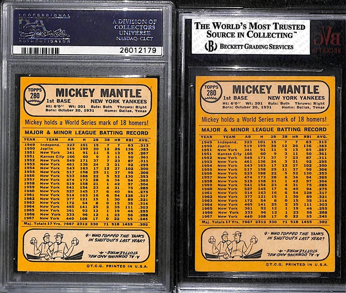 Lot of (2) 1968 Topps #280 Mickey Mantle Graded Baseball Cards (PSA 5 and BGS 5)