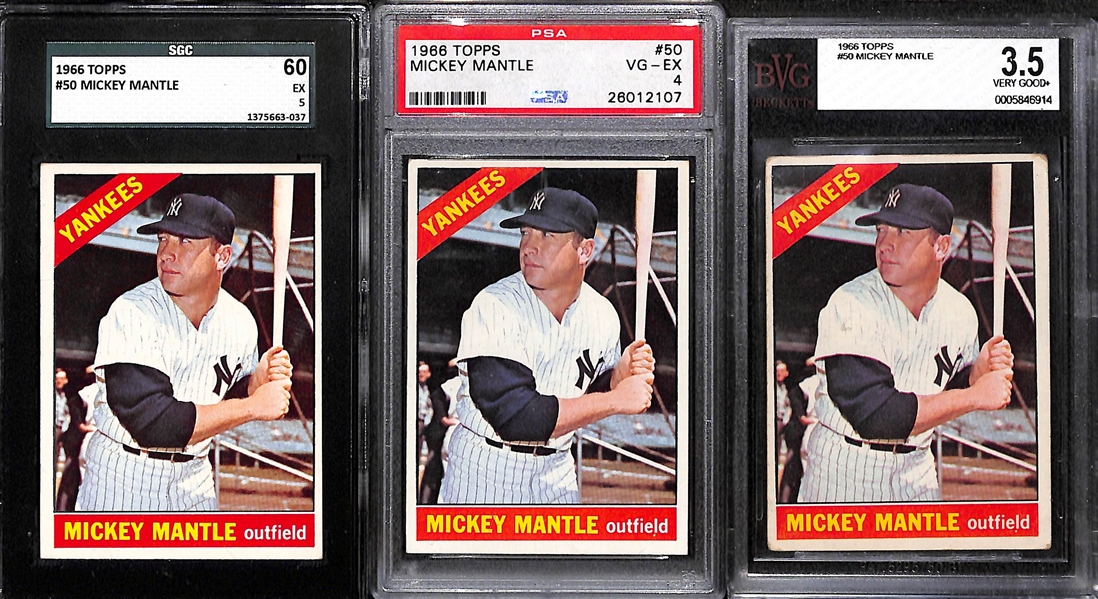 Lot of (3) 1966 Topps # 50 Mickey Mantle Graded Baseball Cards (PSA 4, BGS 3.5, SGC 5)
