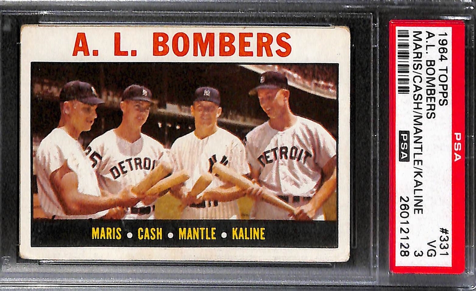 Lot of (2) 1964 Topps Baseball Graded Cards w. Mickey Mantle PSA 4 and A.L. Bombers Maris/Cash/Mantle/Kaline PSA 3