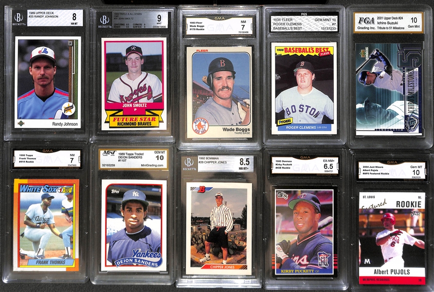Lot of (20+) Graded Baseball Rookies w. R. Johnson, Smoltz, Boggs, Clemens, Ichiro, F. Thomas, D. Sanders and More