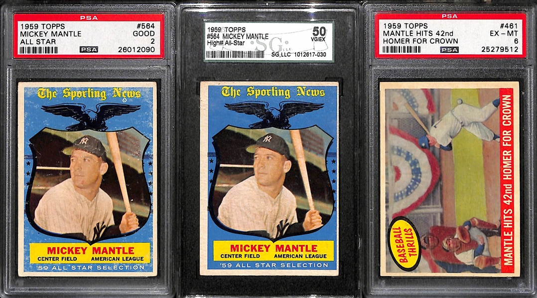 Lot of (3) 1959 Topps Graded Baseball Cards Featuring Mickey Mantle