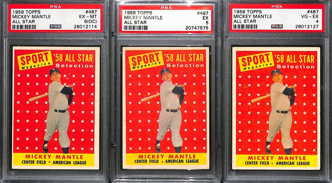 Lot of (3) 1958 Topps # 487 Mickey Mantle All Star PSA Graded Cards