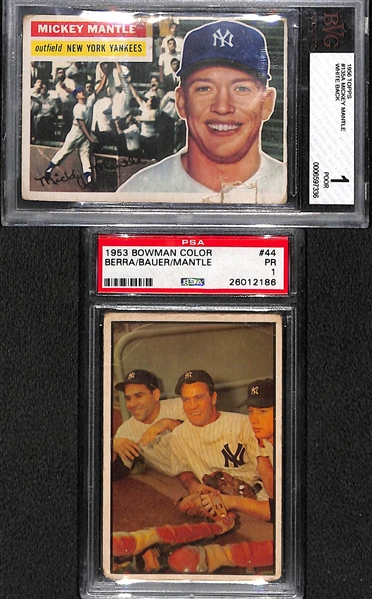 1956 #135A Mickey Mantle White Back BGS 1 and 1953 Bowman Color #44 Berra/Bauer/Mantle PSA 1 