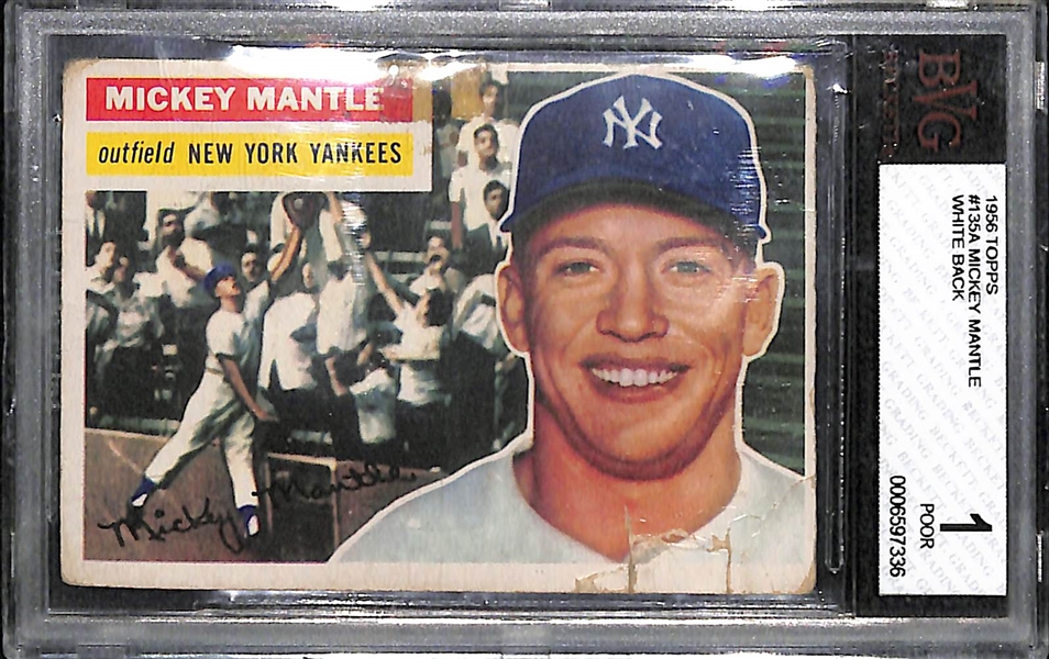 1956 #135A Mickey Mantle White Back BGS 1 and 1953 Bowman Color #44 Berra/Bauer/Mantle PSA 1 