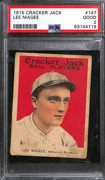 Lot of (2) 1915 Cracker Jack Cards (Lee Magee #147 PSA 2; Artie Hoffman #9 PSA 1)