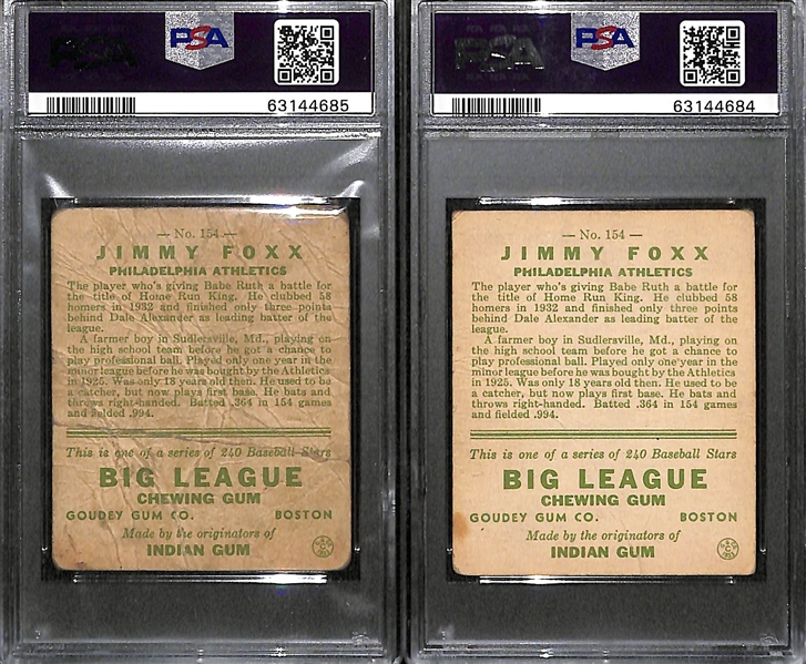 Lot of (2) 1933 Goudey Jimmy Foxx Cards #154 - Both Graded PSA 1