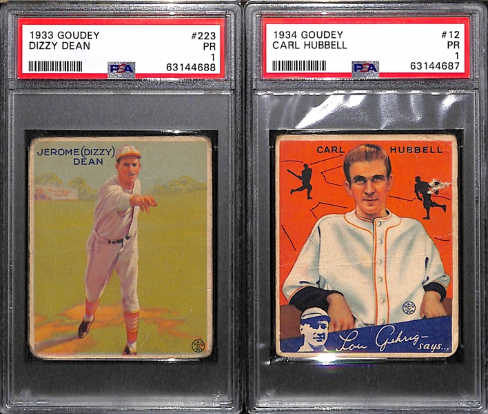1933 Goudey Dizzy Dean (#223) & 1934 Goudey Carl Hubbell (#12) - Both Graded PSA 1