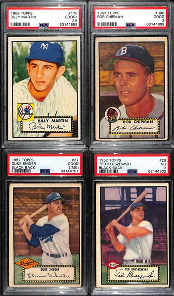 (4) 1952 Topps Graded Cards - Billy Martin Rookie (PSA 2.5), B. Chipman HIgh Number #388 PSA 2, Duke Snider PSA 2,(MK), Ted Kluszewski PSA 3