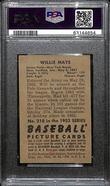 1952 Bowman Willie Mays #218 Graded PSA 1 PR (2nd Year Card)