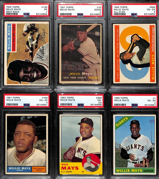 Lot of (6) Graded Willie Mays Cards - 1956 (PSA 1), 1957 (PSA 2), 1960 All-Star (PSA 4), 1961 Topps (PSA 4), 1963 Topps (PSA 3.5), 1966 (PSA 4)