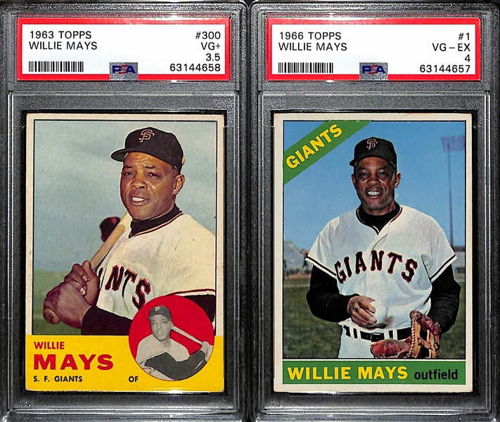 Lot of (6) Graded Willie Mays Cards - 1956 (PSA 1), 1957 (PSA 2), 1960 All-Star (PSA 4), 1961 Topps (PSA 4), 1963 Topps (PSA 3.5), 1966 (PSA 4)