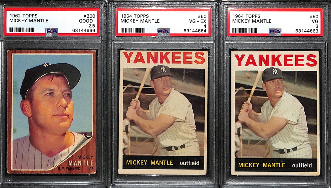 Mickey Mantle Graded Lot (3) - 1962 Topps #200 (PSA 2.5), 1964 Topps #50 (PSA 4), 1964 Topps #50 (PSA 3)