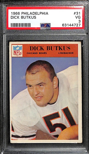 (4) Graded Football Cards w. Butkus Rookie (PSA 3), Piccolo Rookie (PSA 5.5) and (2) Johnny Unitas Cards (1962 Topps & 1969 Topps)
