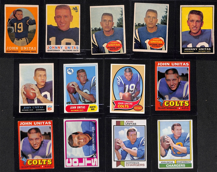  Lot of (13) Johnny Unitas Football Cards w. 2nd Year 1958 Topps Card