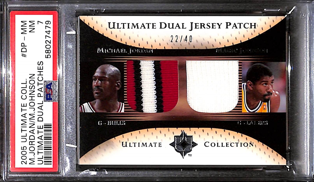 2005 UD Ultimate Collection Michael Jordan & Magic Johnson Dual Jersey Patch #22/40 Graded PSA 7 (w. 3-Color Jordan Patch)