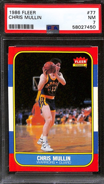 (5) Graded 1986 Fleer Basketball Cards - Worthy (PSA 7), Abdul-Jabbar (PSA 7), Erving (PSA 7.5), Abdul-Jabbar (PSA 6), Mullin (PSA 7)